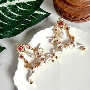 Whimsical Unicorn Rhinestone Enamel Earrings Oversized Faux Pearl Carousel NEW